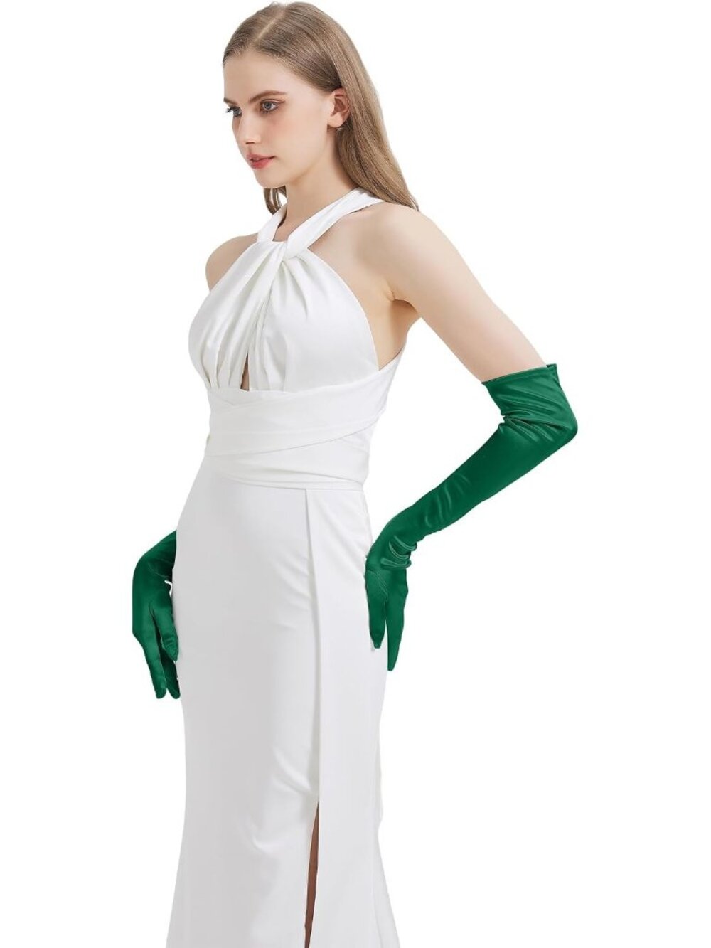 Women's Green Satin Opera Elbow Length 1920s Flapper Long Gloves Party - Picture 2 of 7